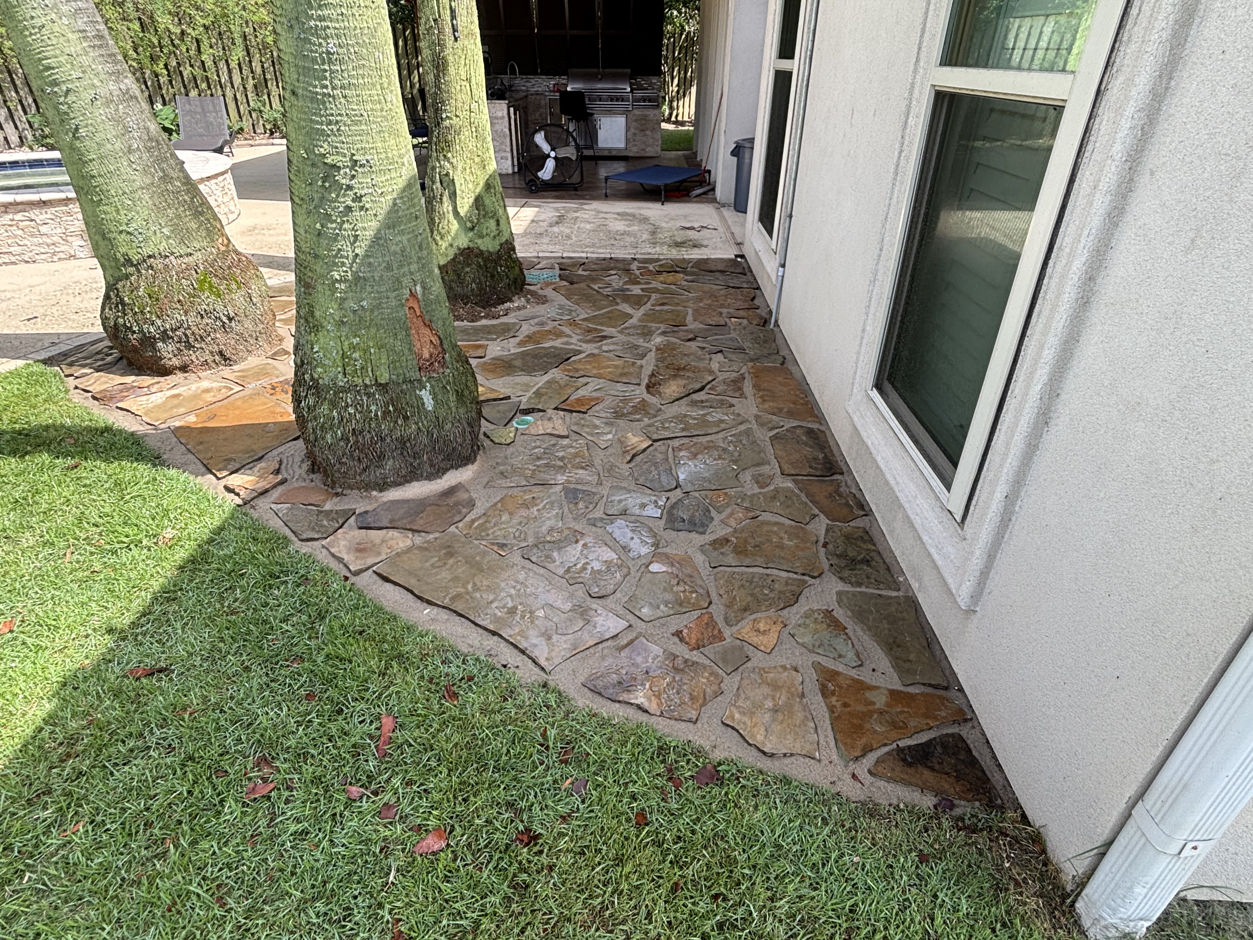 After - flagstone patio set around palm trees with Gator Maxx G2 polymeric sand joints in Baton Rouge
