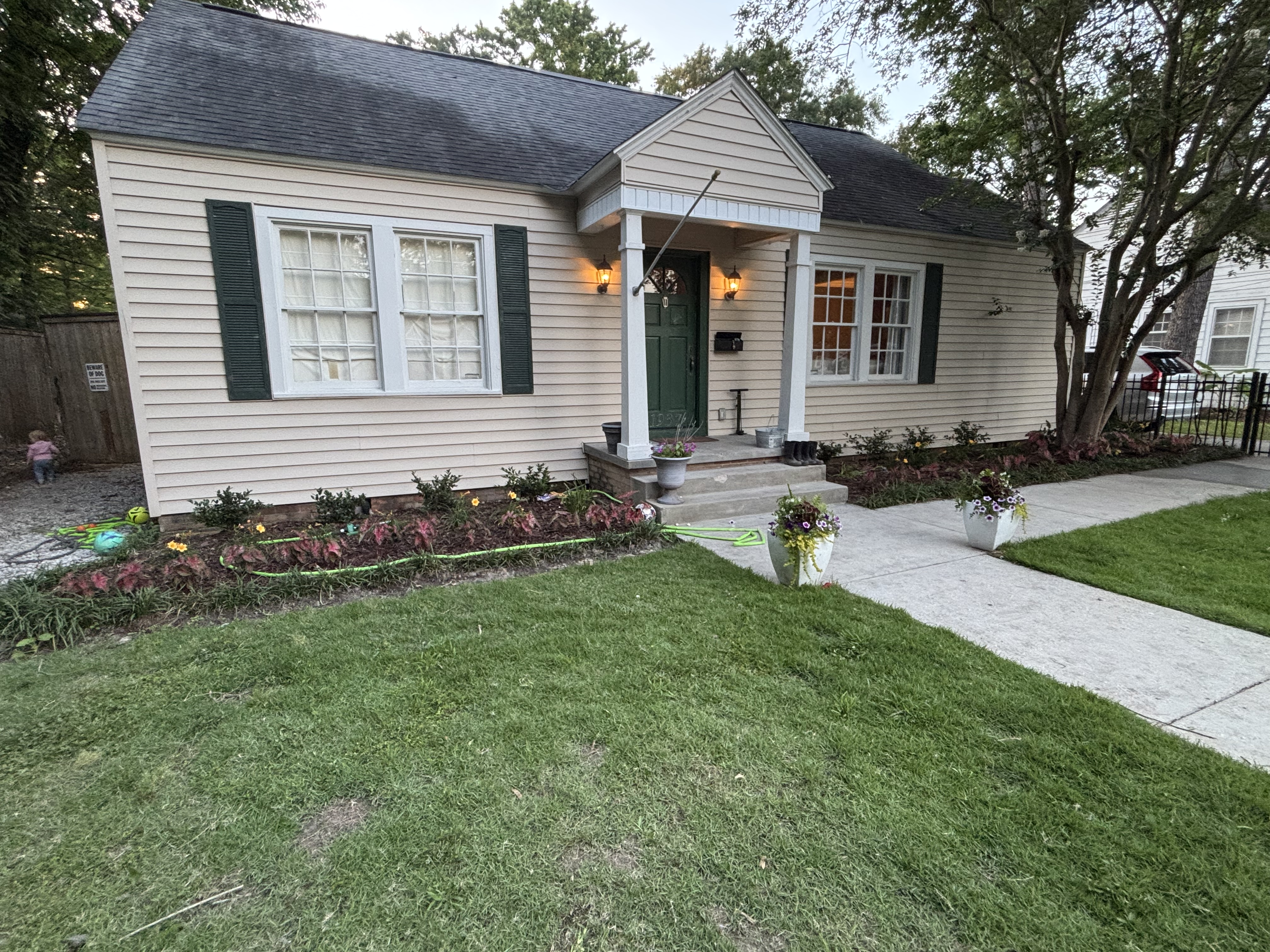 After - complete front yard landscape renovation with sod, flower beds, and plantings in Baton Rouge