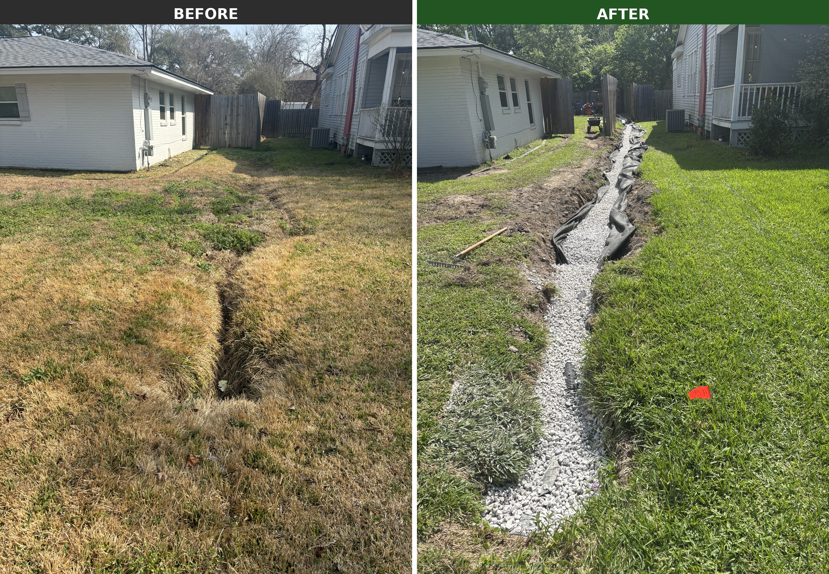 Before and after French drain installation showing drainage erosion resolved - Baton Rouge