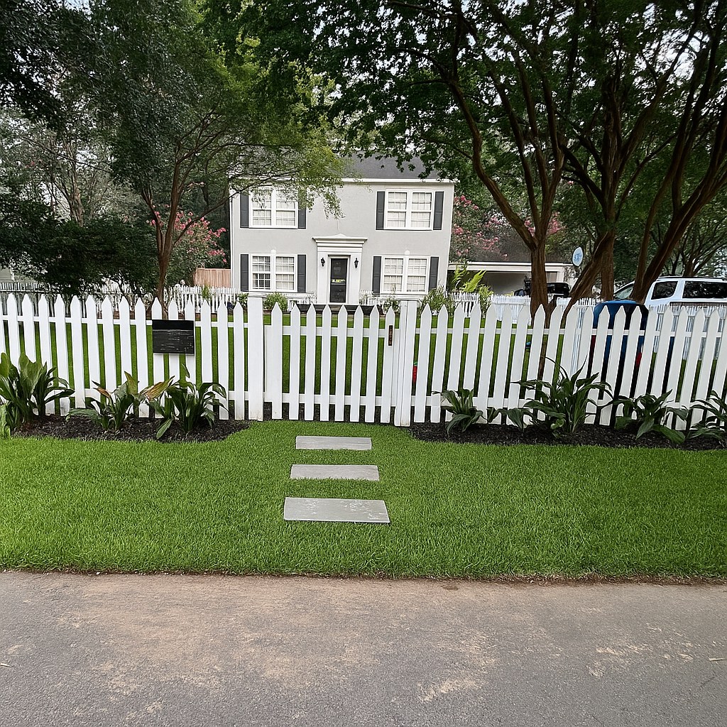 Complete front yard design with white picket fence, sod, and stepping stones
