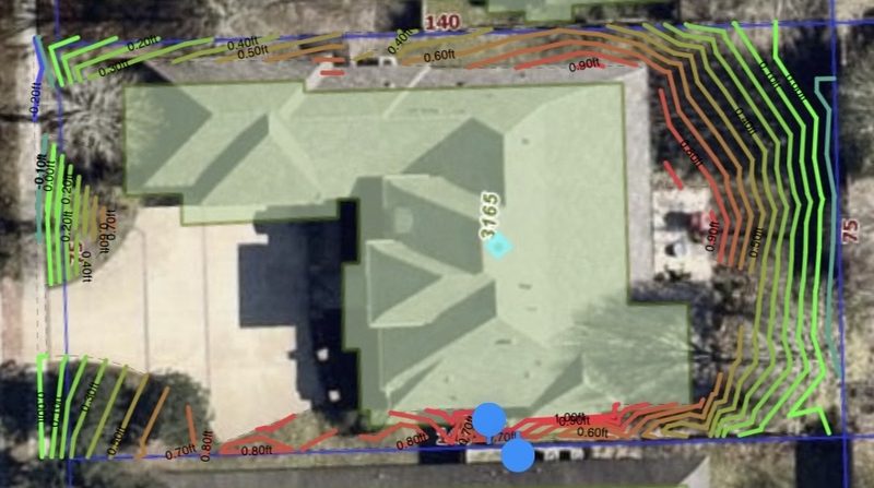 Aerial elevation contour map overlay showing French drain route planning on Baton Rouge property