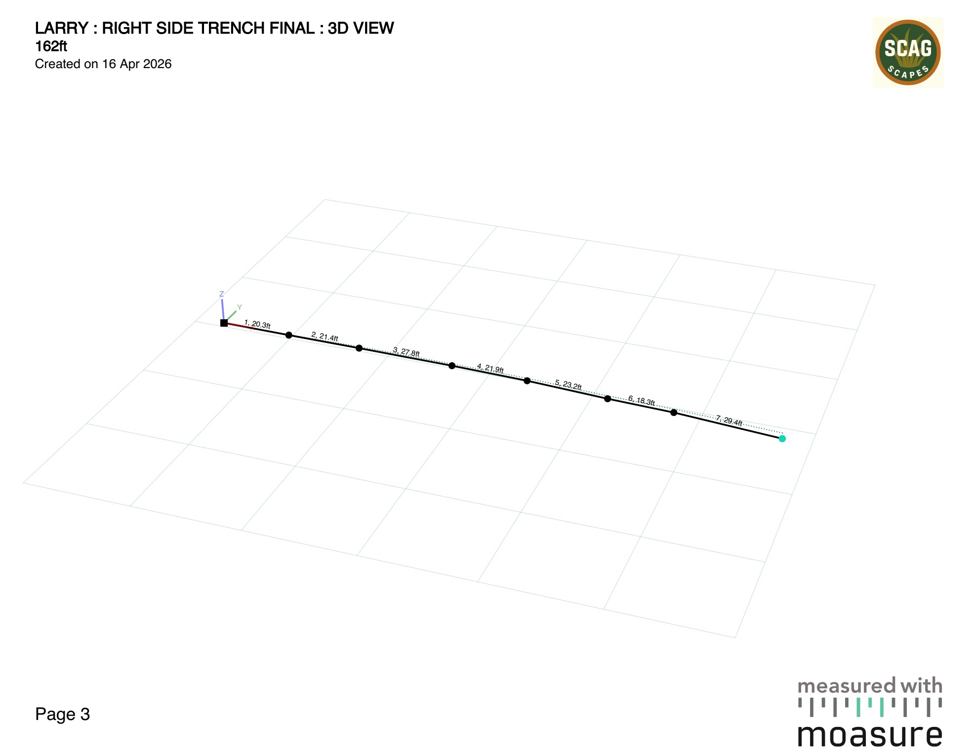 3D trench grade verification survey showing 1.71 feet of elevation drop over 162 feet of French drain - Baton Rouge